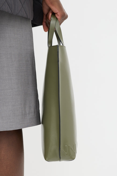 Ganni Green Leather Banner Logo Tote Bag