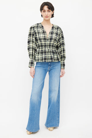 Ganni Black 
Yellow Plaid Seersucker Blouse