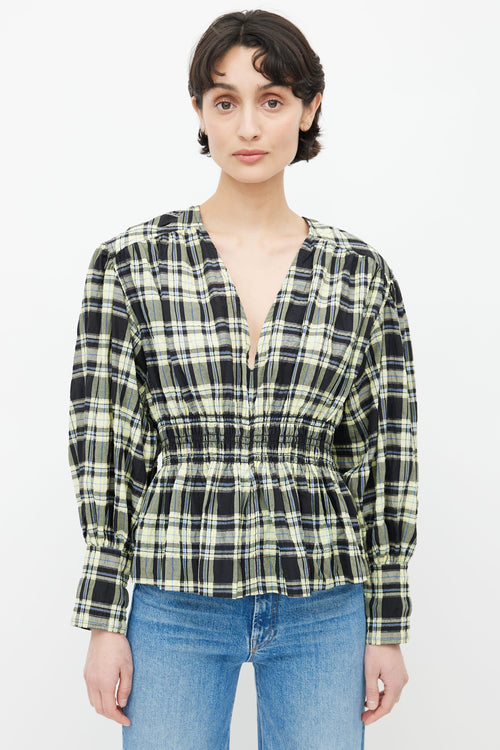 Ganni Black 
Yellow Plaid Seersucker Blouse