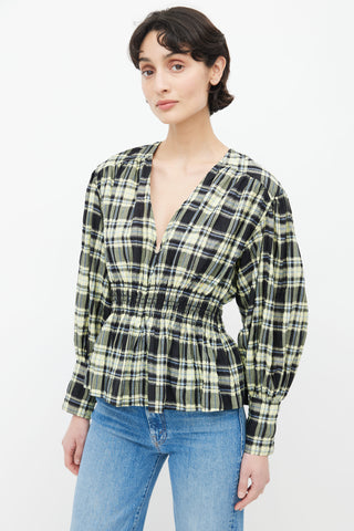 Ganni Black 
Yellow Plaid Seersucker Blouse