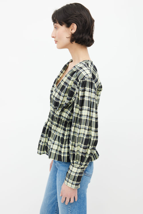 Ganni Black 
Yellow Plaid Seersucker Blouse