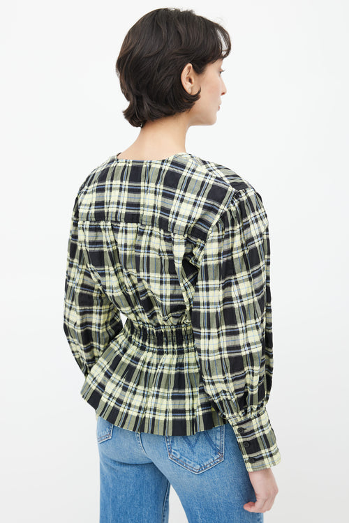 Ganni Black 
Yellow Plaid Seersucker Blouse