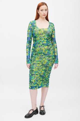 Ganni Green 
Multicolour Printed Ruched Mesh Dress