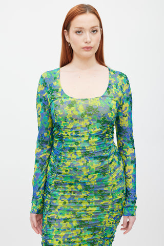 Ganni Green 
Multicolour Printed Ruched Mesh Dress