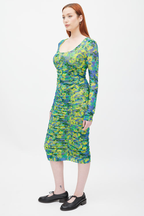 Ganni Green 
Multicolour Printed Ruched Mesh Dress