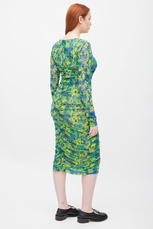 Ganni Green 
Multicolour Printed Ruched Mesh Dress