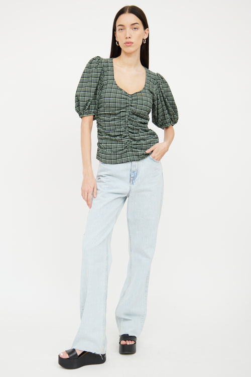 Ganni Green 
Black Gingham Ruched Top