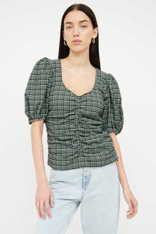 Ganni Green 
Black Gingham Ruched Top