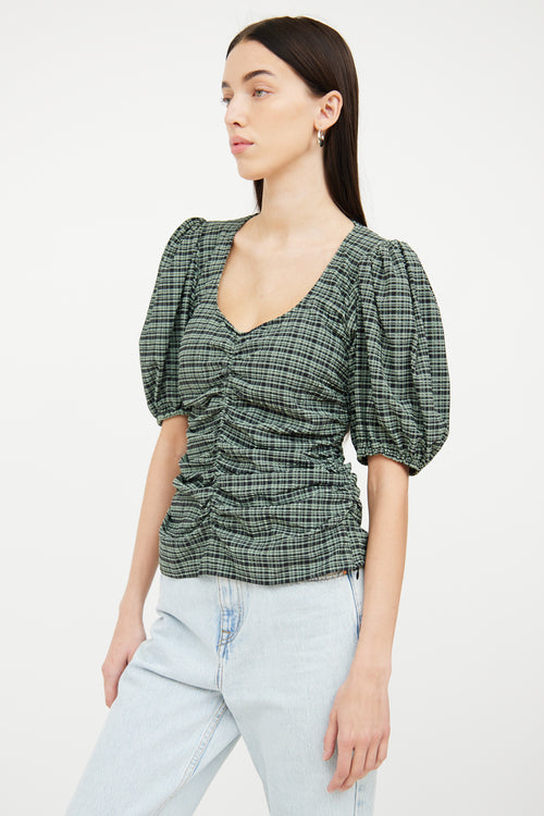 Ganni Green 
Black Gingham Ruched Top