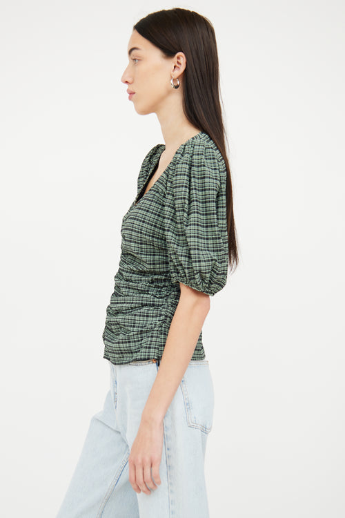 Ganni Green 
Black Gingham Ruched Top