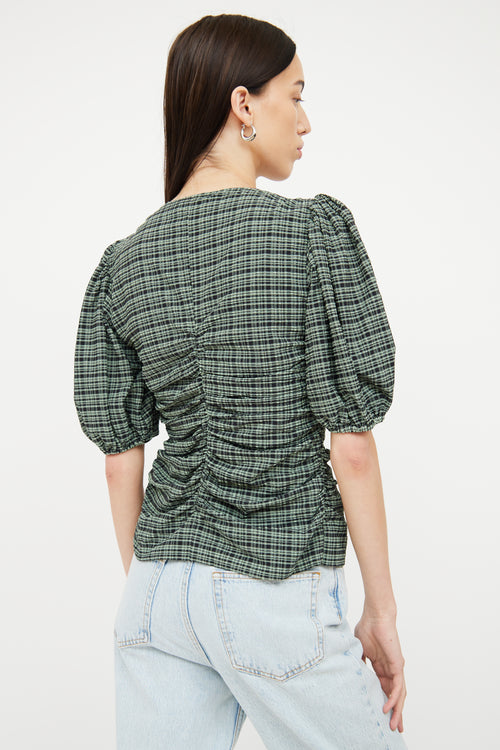 Ganni Green 
Black Gingham Ruched Top