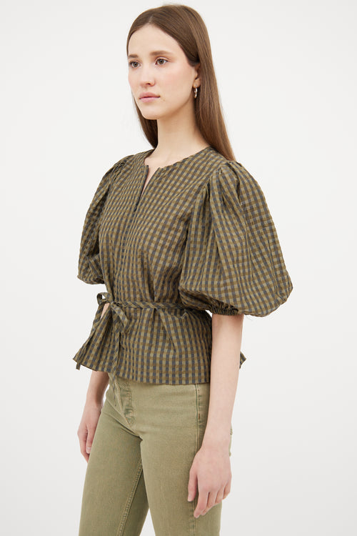 Ganni Green 
Black Gingham Puffed Top