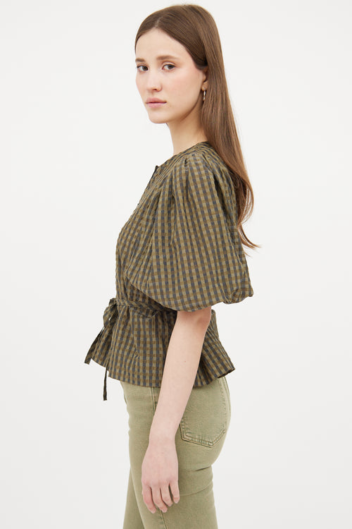 Ganni Green 
Black Gingham Puffed Top