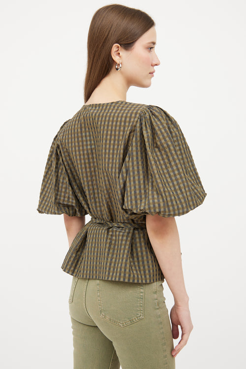 Ganni Green 
Black Gingham Puffed Top