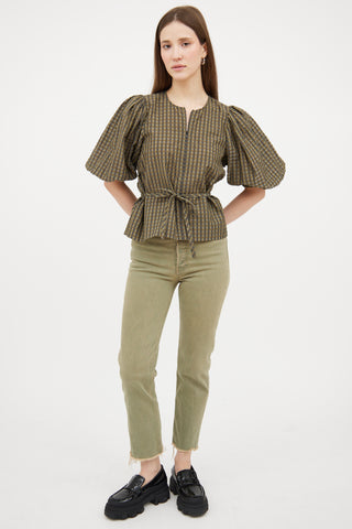 Ganni Green 
Black Gingham Puffed Top