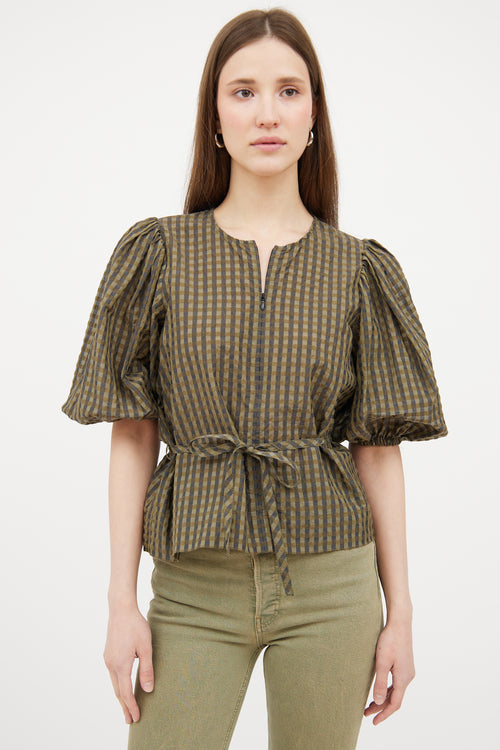 Ganni Green 
Black Gingham Puffed Top