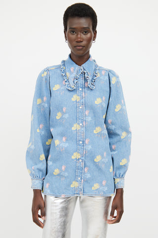 Ganni Blue 
Multicolour Floral Ruffled Denim Shirt