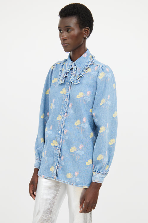 Ganni Blue 
Multicolour Floral Ruffled Denim Shirt