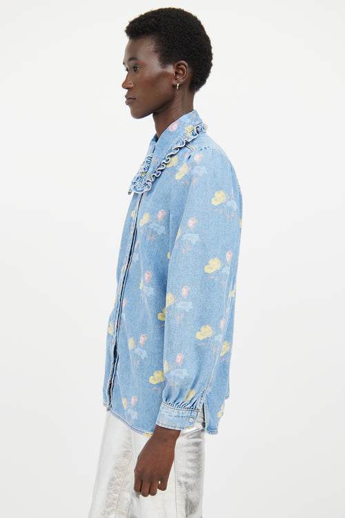 Ganni Blue 
Multicolour Floral Ruffled Denim Shirt