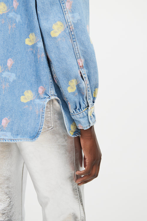 Ganni Blue 
Multicolour Floral Ruffled Denim Shirt