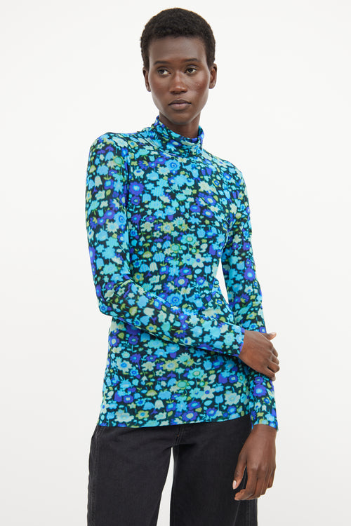 Ganni Blue Floral Mesh Top