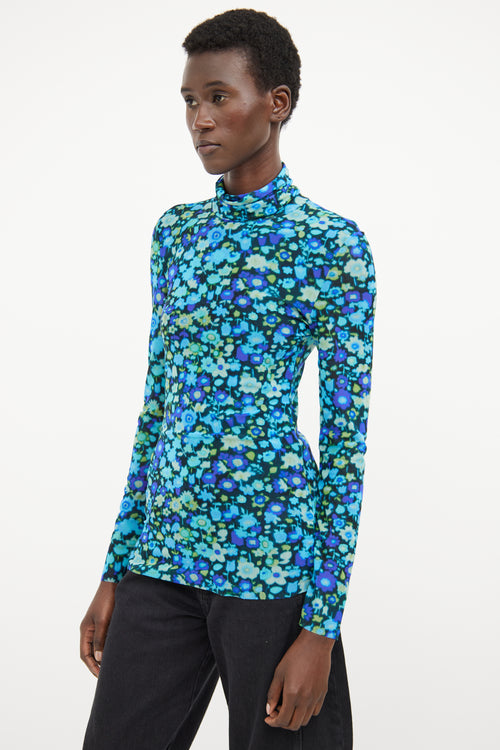 Ganni Blue Floral Mesh Top