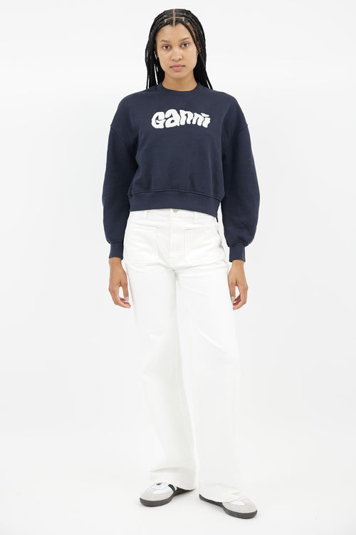 Ganni Navy 
White Logo Sweatshirt