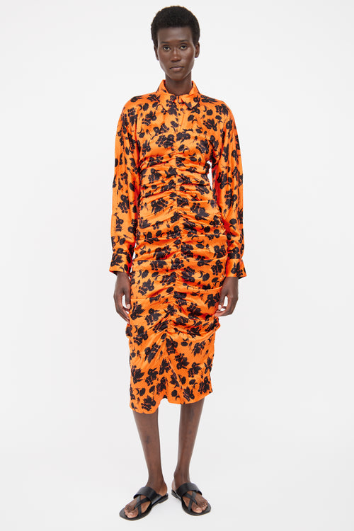 Ganni Orange 
Black Floral Silk Dress