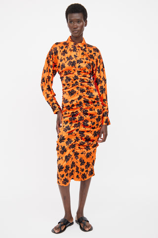 Ganni Orange 
Black Floral Silk Dress