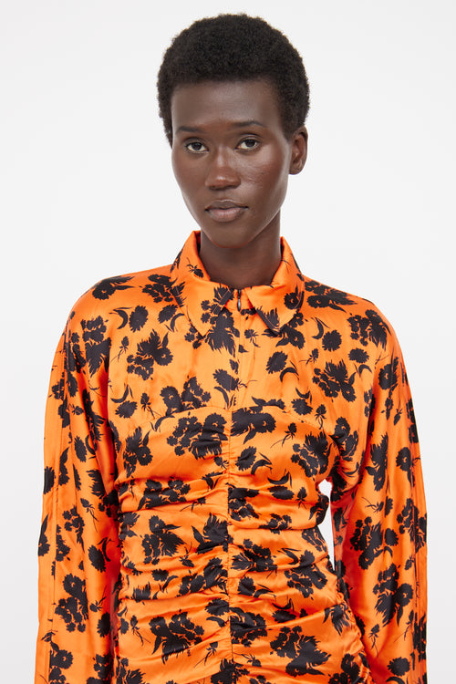 Ganni Orange 
Black Floral Silk Dress