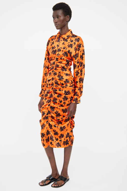 Ganni Orange 
Black Floral Silk Dress