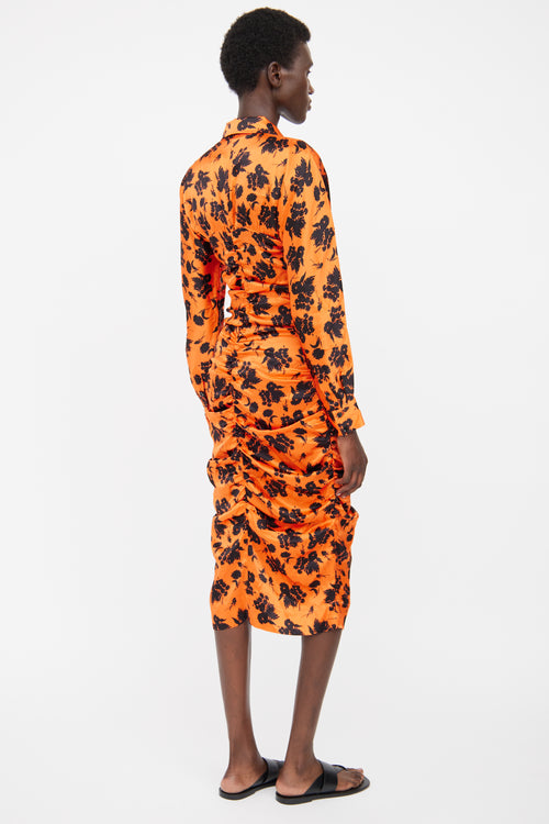 Ganni Orange 
Black Floral Silk Dress