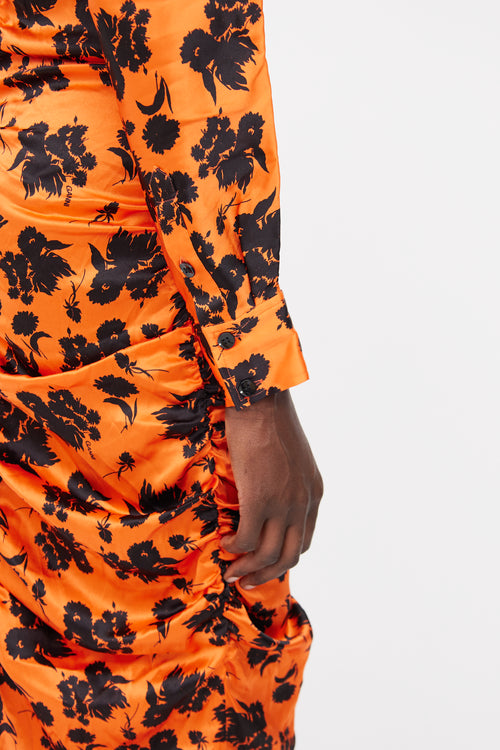 Ganni Orange 
Black Floral Silk Dress