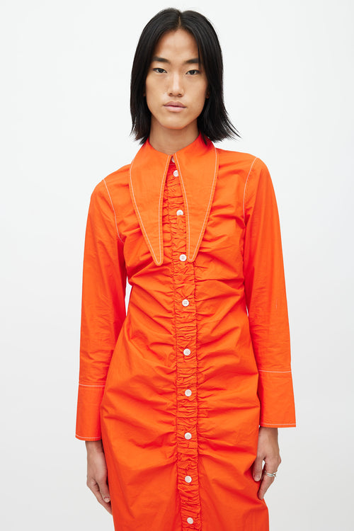 Ganni Orange Ruched Shirt Dress