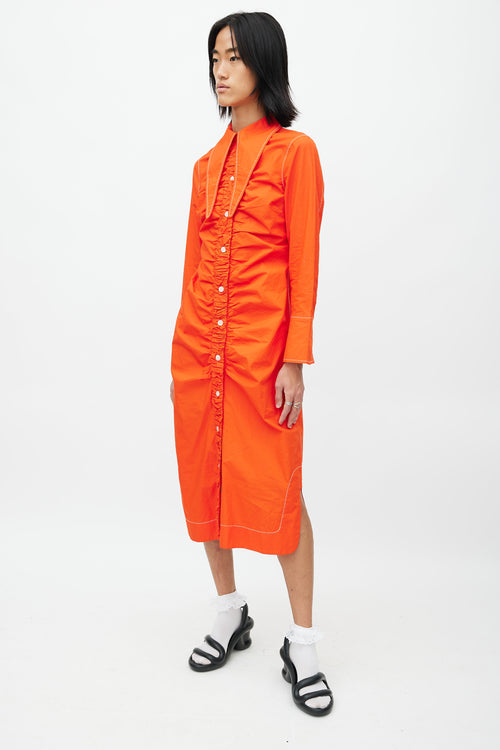 Ganni Orange Ruched Shirt Dress