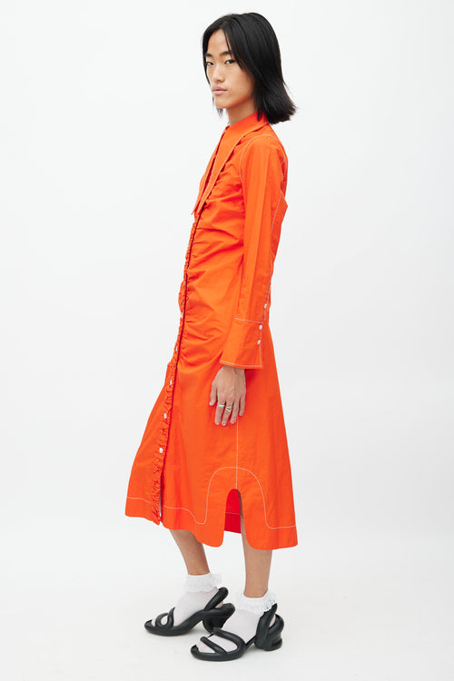 Ganni Orange Ruched Shirt Dress