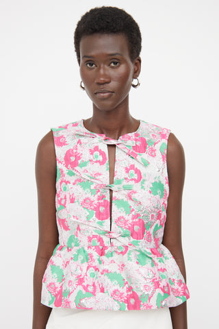 Ganni Pink 
Green Floral Peplum Tie Top