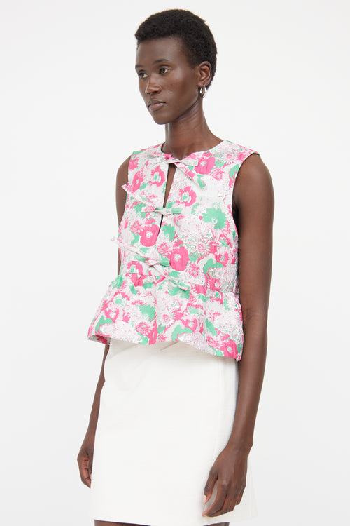 Ganni Pink 
Green Floral Peplum Tie Top