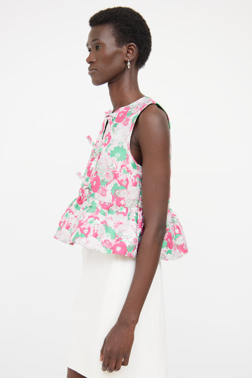 Ganni Pink 
Green Floral Peplum Tie Top