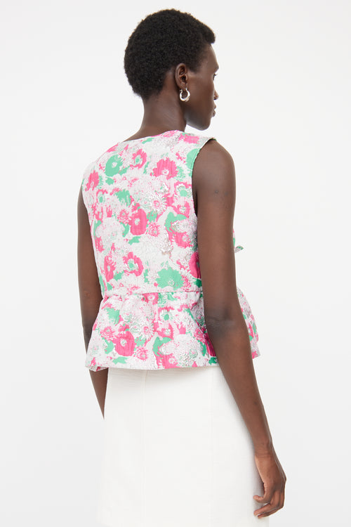 Ganni Pink 
Green Floral Peplum Tie Top