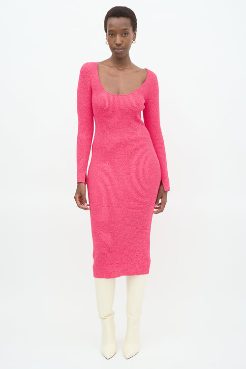 Ganni Pink Marled Ribbed Knit Midi Dress