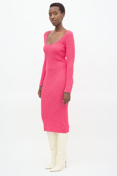 Ganni Pink Marled Ribbed Knit Midi Dress