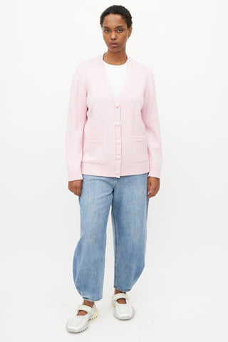 Ganni Pink Wool Logo Cardigan