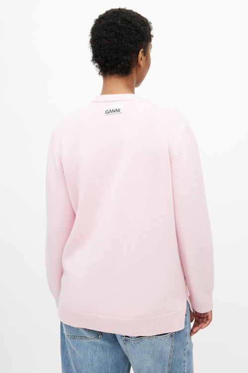 Ganni Pink Wool Logo Cardigan