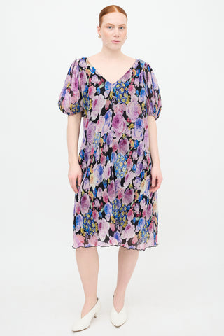 Ganni Pleated Georgette Floral Dress