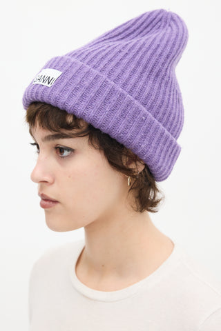 Ganni Purple Wool Ribbed Knit Logo Beanie