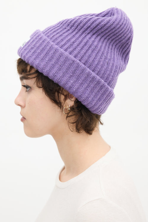 Ganni Purple Wool Ribbed Knit Logo Beanie