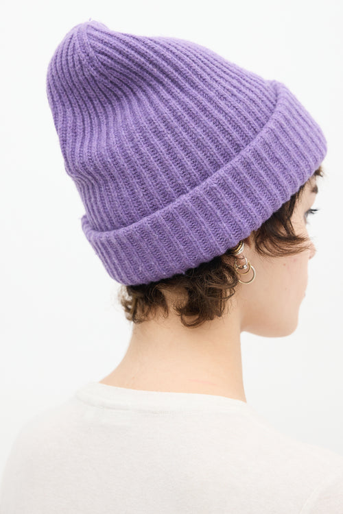 Ganni Purple Wool Ribbed Knit Logo Beanie