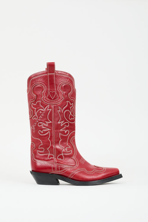 Ganni Red Leather Mid Shaft Embroidered Western Boot