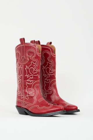 Ganni Red Leather Mid Shaft Embroidered Western Boot